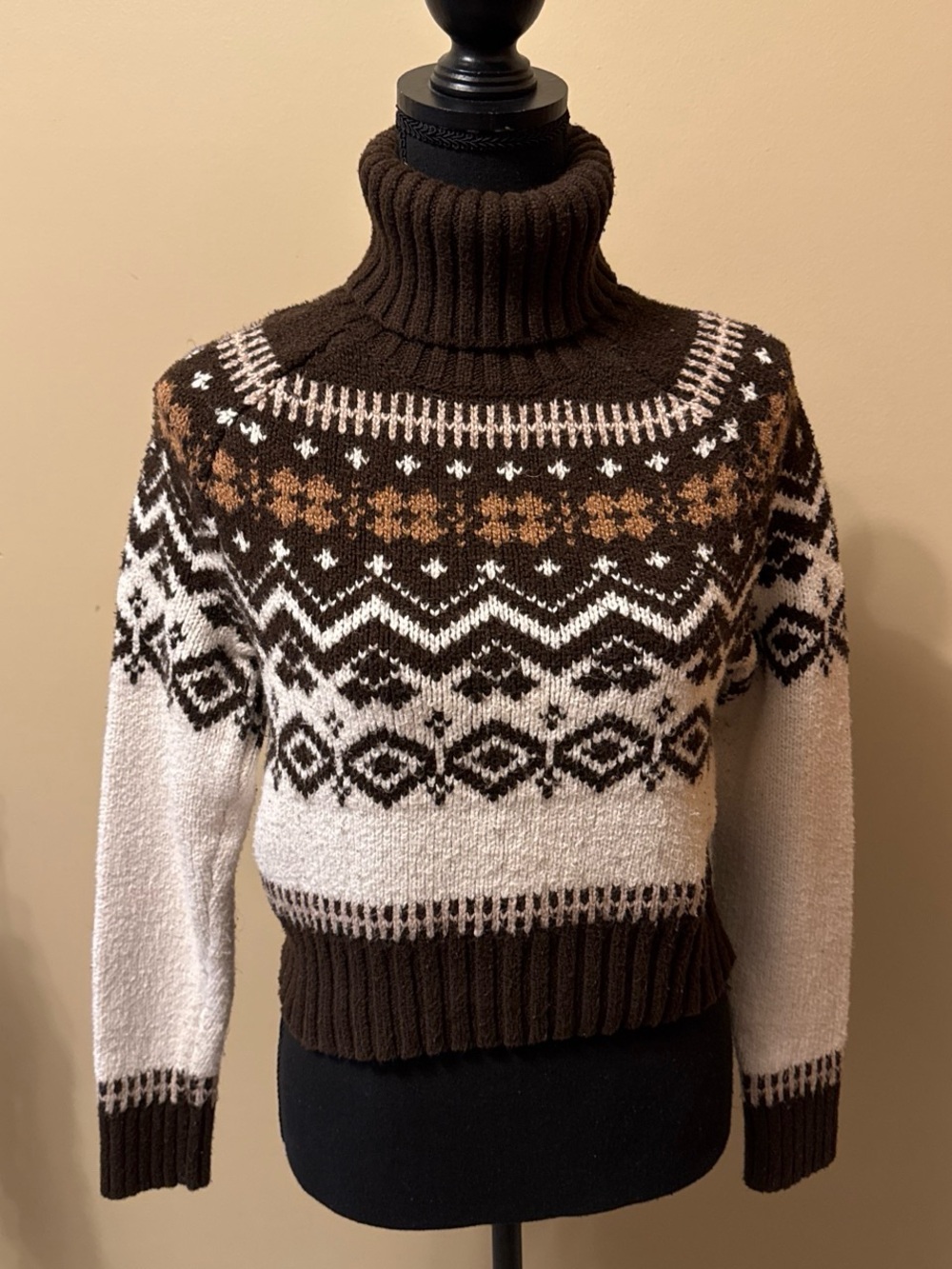 American Eagle Outfitters Brown, Cream & Tan Fair Isle Turtleneck Sweater